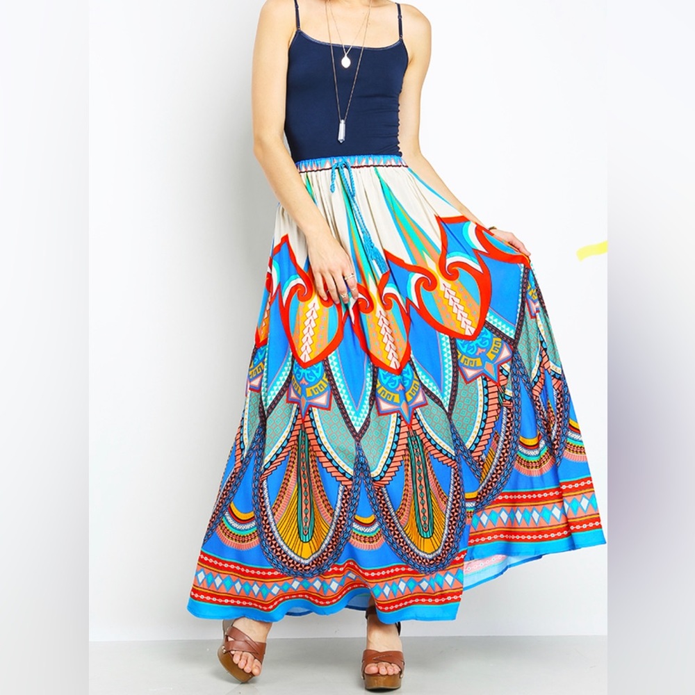 Flying Tomato Topsy Turvey Women’s  Boho Gypsy Hippie Maxi Skirt Size L Colorful